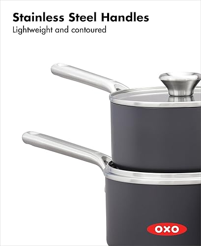 Miniatura 7 de OXO Juego de ollas profesionales de 1.7 cuartos y 2.3 cuartos de galón con tapas, utensilios de cocina antiadherentes de cerámica anodizada dura,