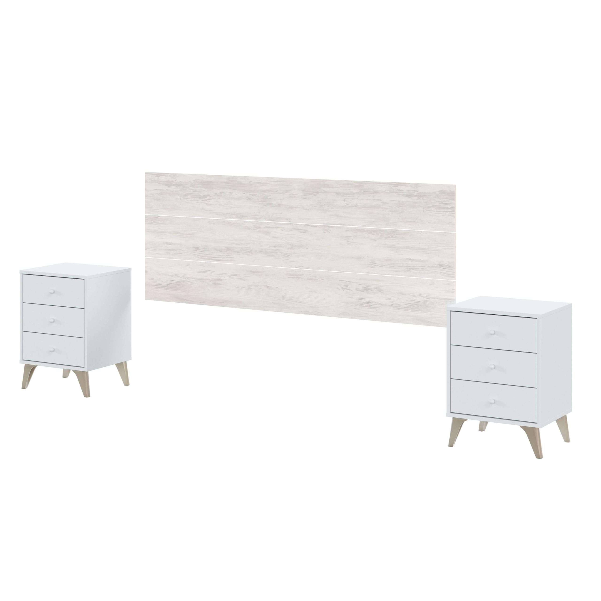Miroytengo Conjunto Muebles Dormitorio Habitación Estilo Nórdico Blanco 150 cm (cabecero + 2 Mesitas + Cama + Cómoda)