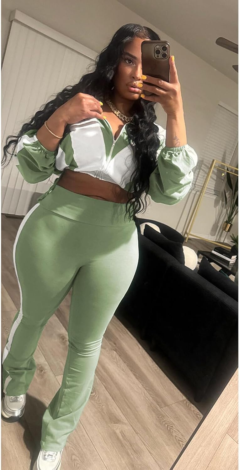 Womens Sweatsuits 2 Piece Set Contrast Color Long Sleeve Zip Up Cropped Jacket Leggings Pants Jogger Track Suits - Image 3