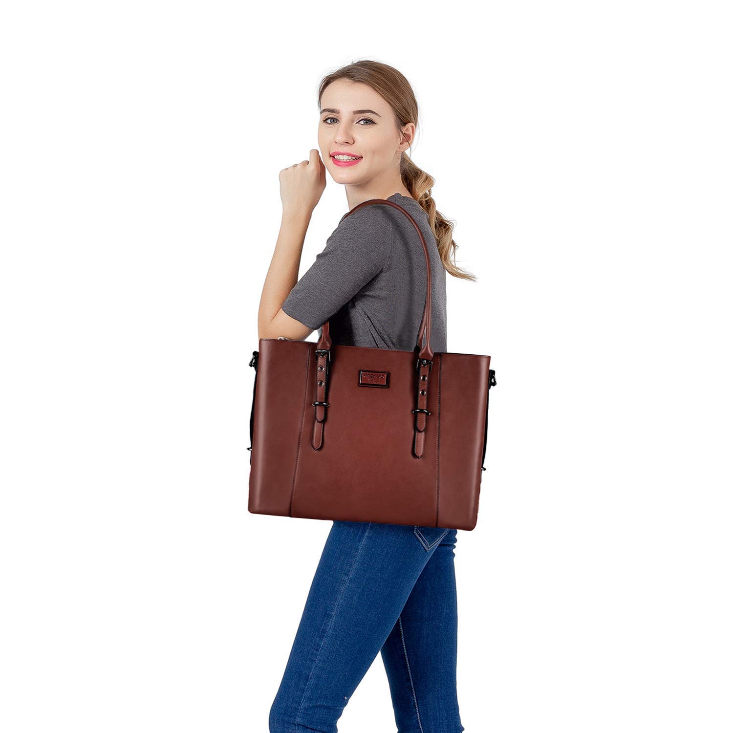 MOSISO Borsa Tote Laptop 17-17,3 pollici, Borsa a Tracolla Pelle PU | Compatibile con MacBook e Notebook, Grande Capacita con Scomparto Imbottito, Marrone