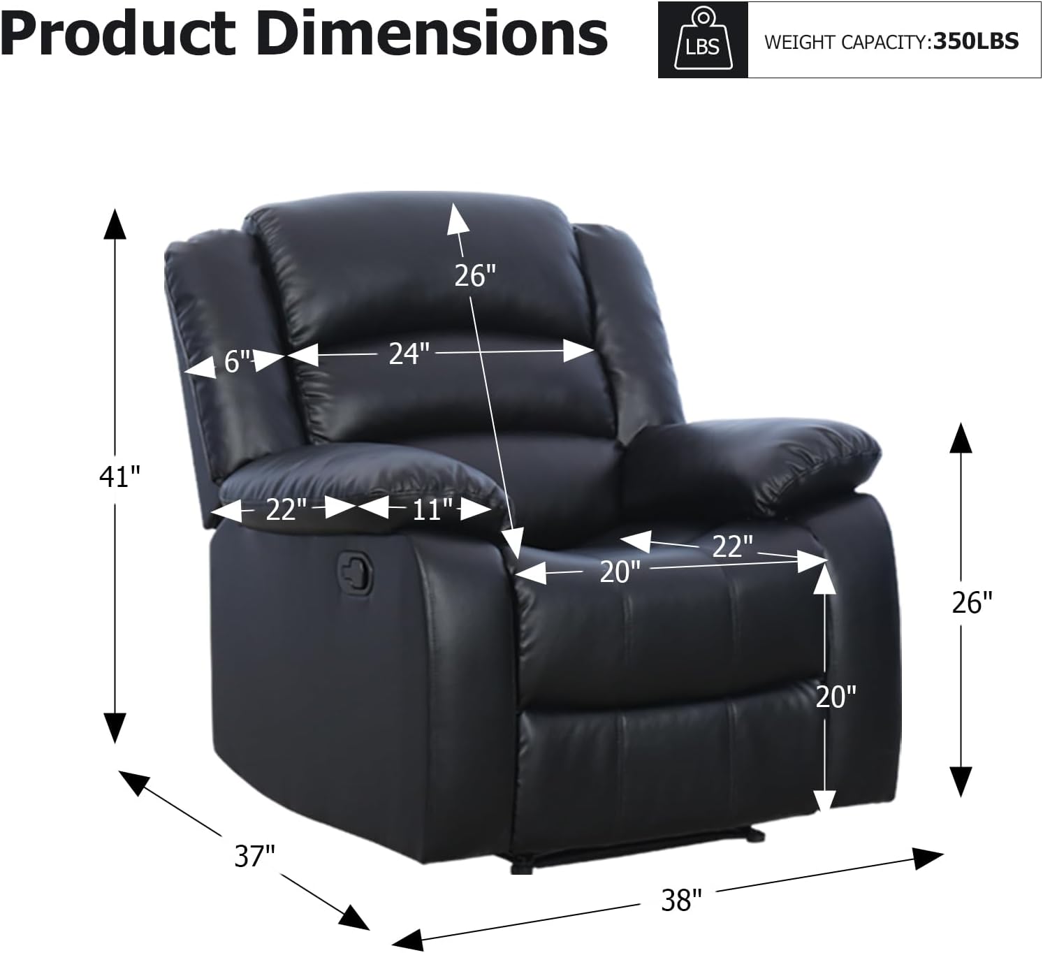 EBELLO Classic Manual Recliner Chair, Faux Leather Recliner Sofa with Overstuffed Arms and Back Single Reclining Couch for Living Room, Bedroom, Black