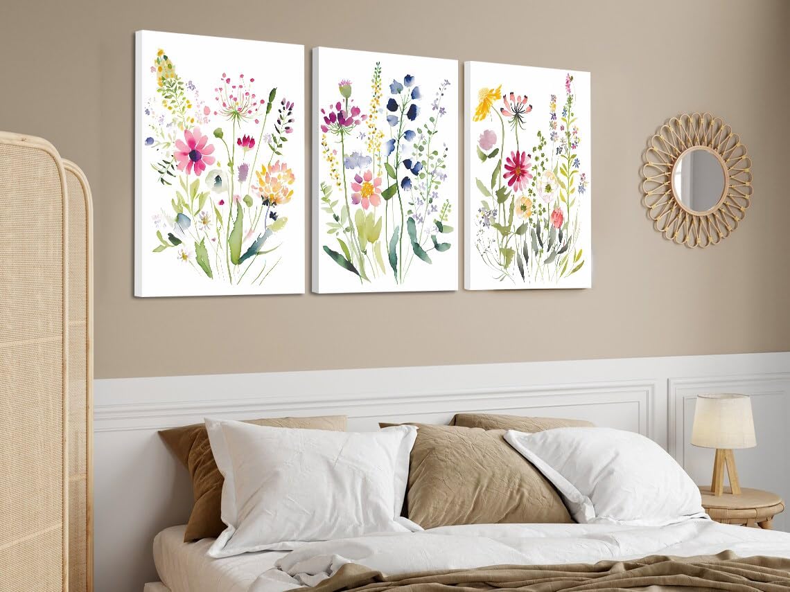 DXOAGXQ Colorful Wildflower Botanical Canvas Wall Art,Watercolor Flowers Art Poster, Floral Pictures Wall Decor,(12"x16"x3 pcs, Built-in frame). Painting Artsy Room Decorations for Bedroom Bathroom
