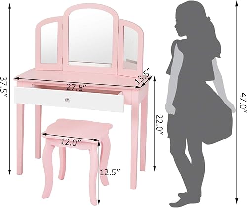 Miniatura 24 de Costzon Mesa de tocador para niños, tocador de maquillaje de princesa con cajón y espejo de tres pliegues, juego de tocador 2 en 1 con parte