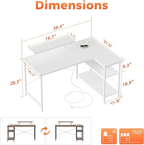 Miniatura 2 de Mericonia Escritorio para computadora en forma de L con tomas de corriente, escritorio para juegos reversible con estantes de almacenamiento y