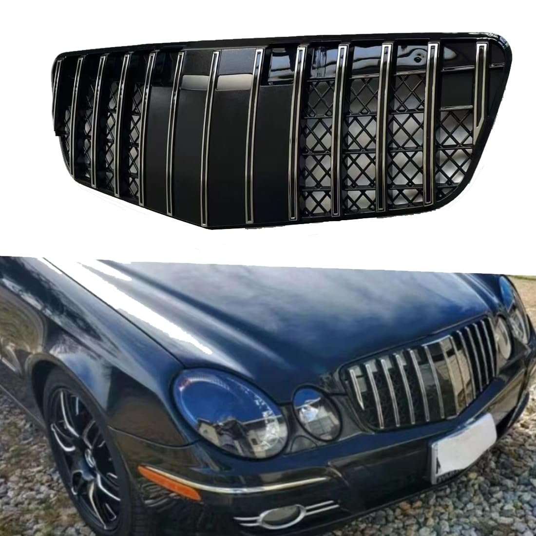 Auto Front Middle Grille,ABS Front Upper Bumper Grille Cover,Grille Modification Compatible with E Class W221 2008-2008,Black and Silvery Line