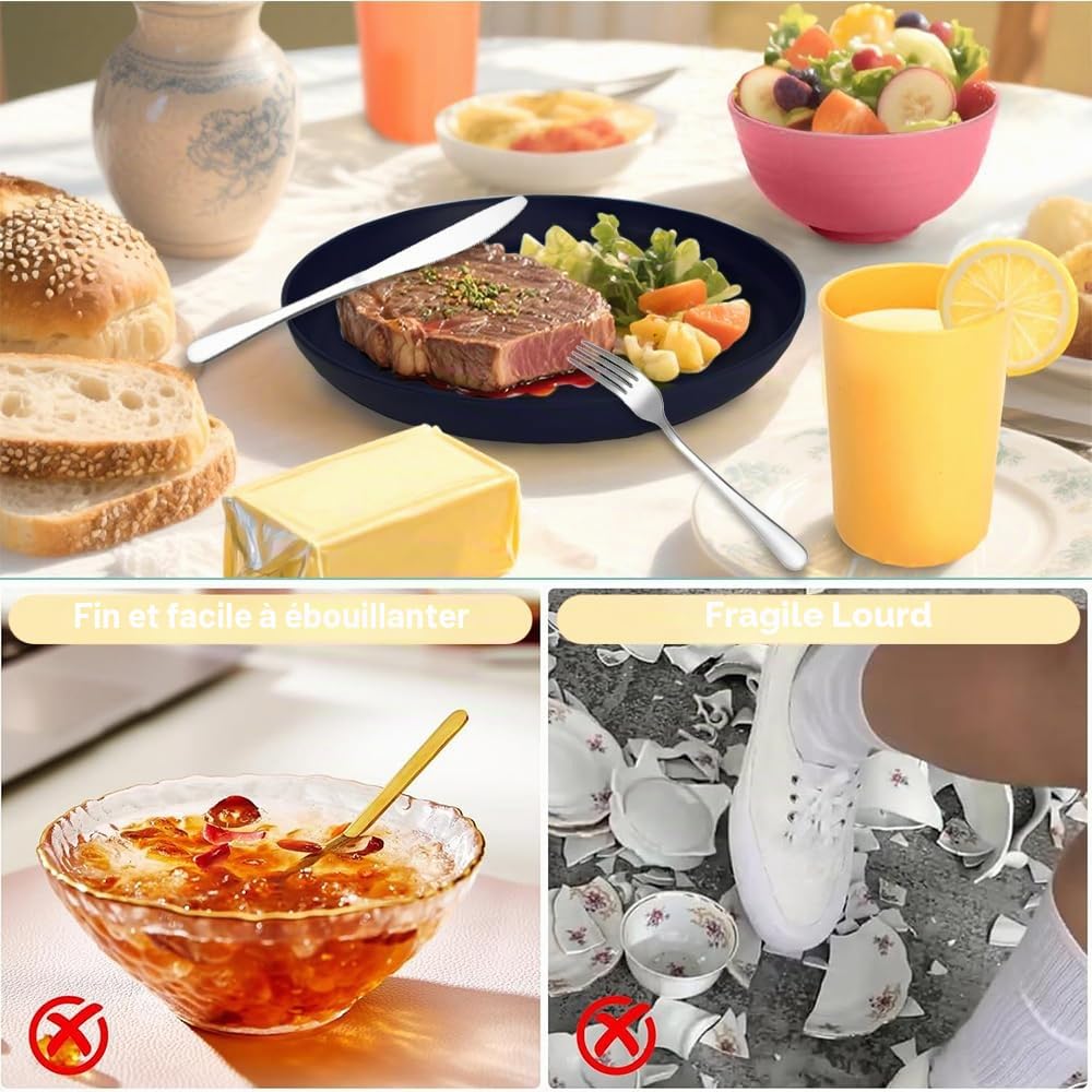 Kit Vaisselle Camping,Assiette Plastique Reutilisable,pour 4 Personnes Vaisselle Camping Car,Set Pique Nique de 40 Pièces,Bols, Couverts,Assiettes et Tasses pour Pique-, en Plein Air