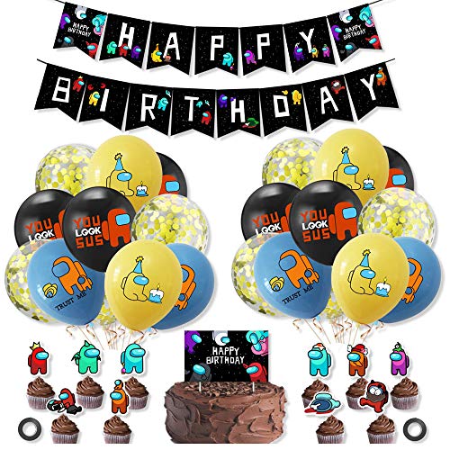 smileh Cumpleaños Decoracion de Among Us Globos Pancarta de Feliz Cumpleaños Adornos Cover