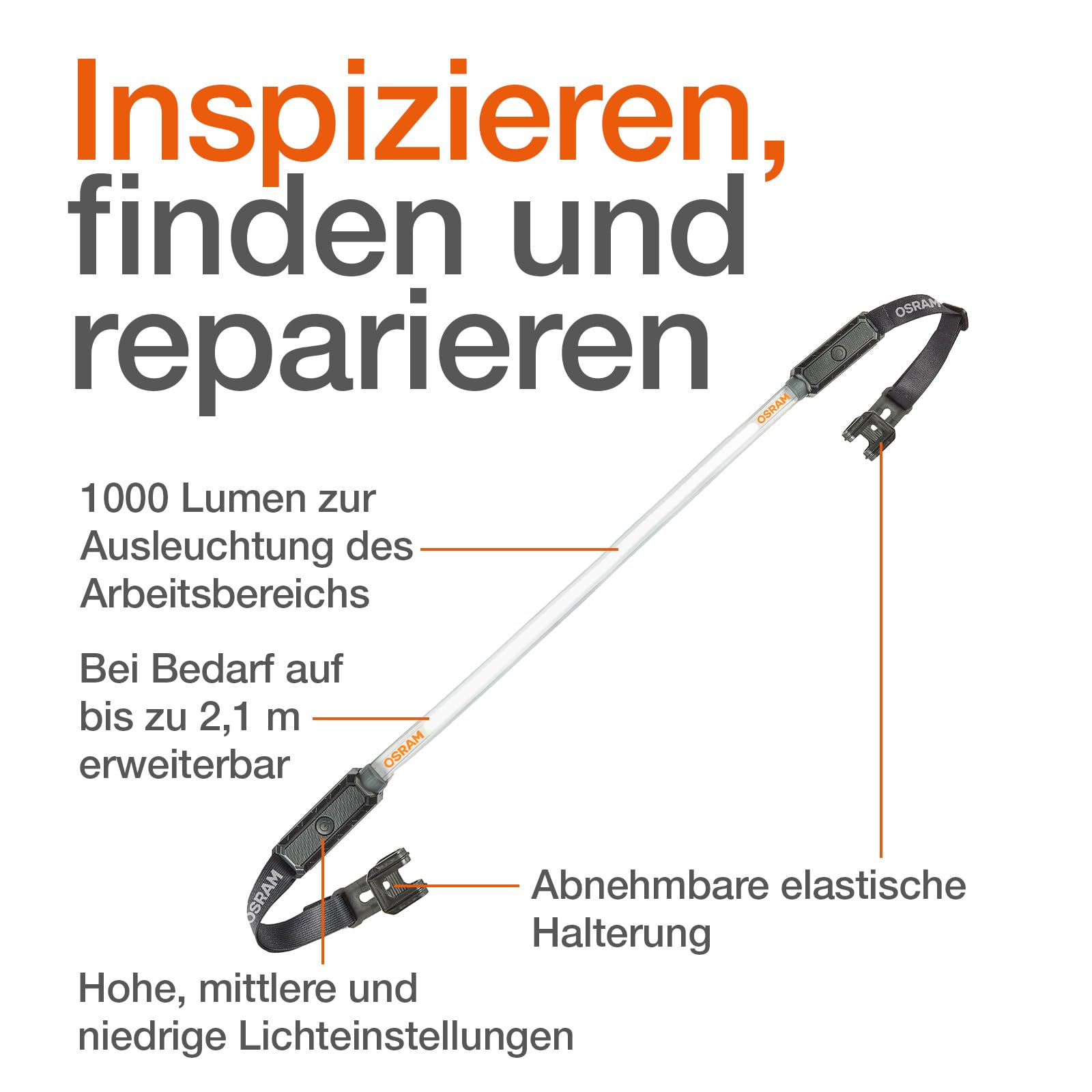Osram LEDinspect Flexible Inspection Light, wiederaufladbare LED-Inspektionsleuchte, 6000K, Helligkeit bis zu 1000lm, abnehmbare elastische Bänder