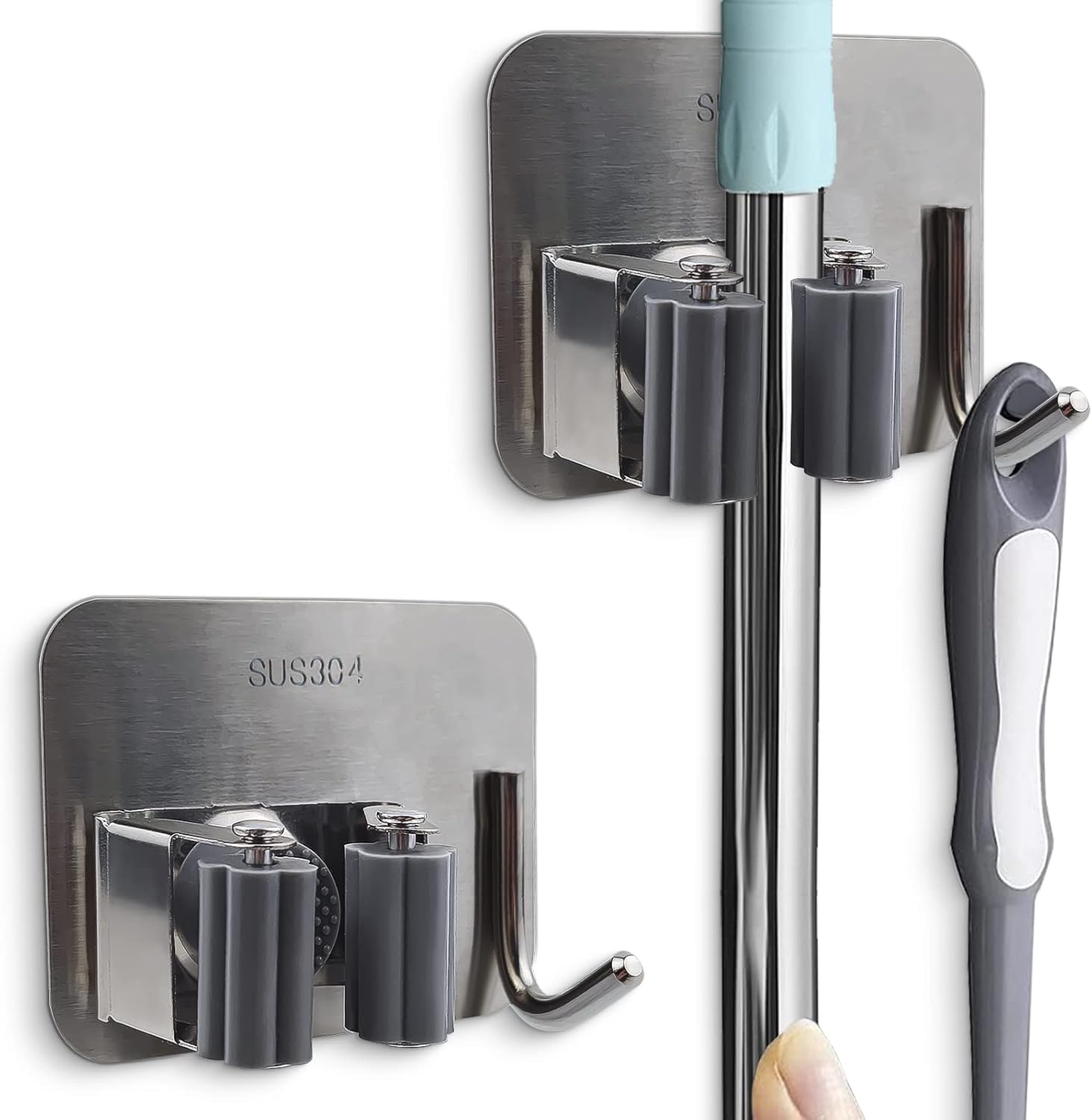 Broom Mop Stainless Wall Mount Holder with Mopping Cloth Hooks Self