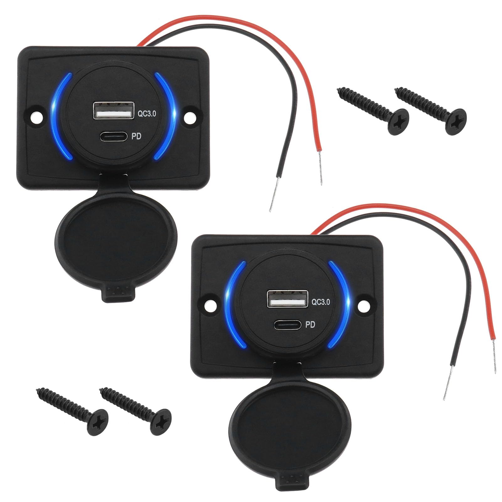 Lot de 2 prises de chargeur de voiture USB de type C avec capuchon anti-poussière double port QC3.0 USB et PD Type C 12-24 V 18 W Charge rapide Socket Panel pour voitures, camping-cars, bus