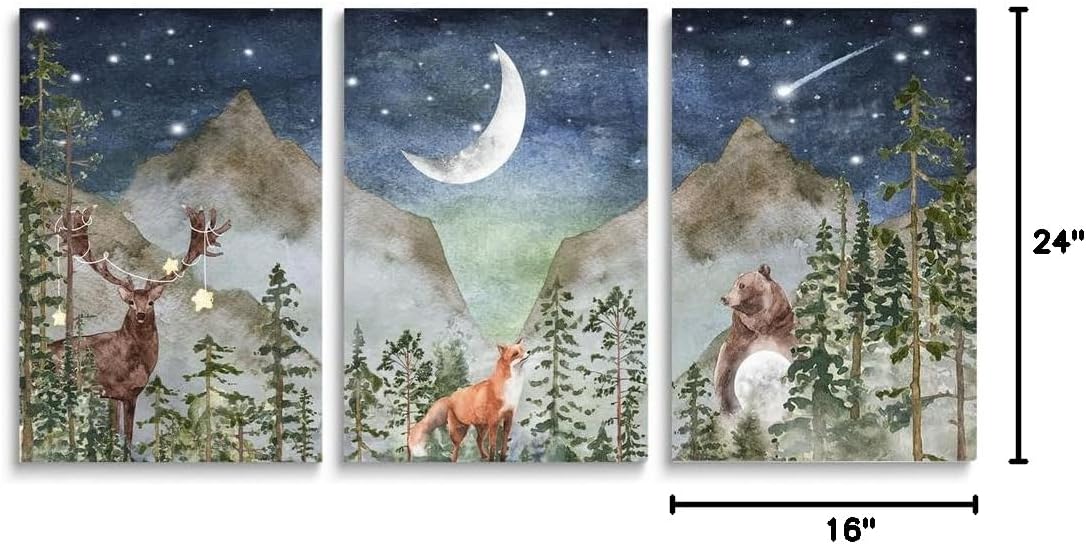 SKYSUKEY Boho Nursery Wall Decor, Wild Forest Kids Wall Art, Dark Blue Star Night Moon Netural Mountain Wall Art, Fairy Animals Nursery Decor, Nature Prints for Boy Girl, Set 3 Framed, 16"x24"