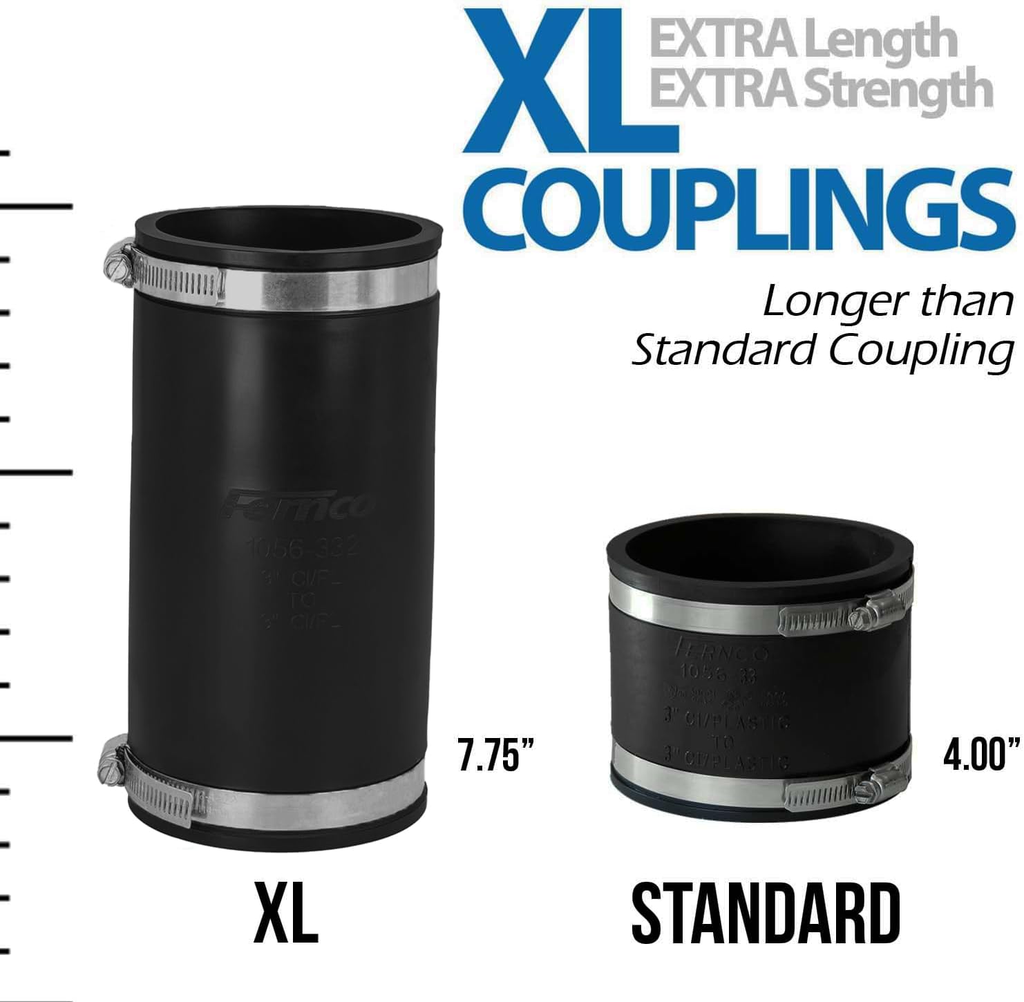 Fernco XL 1056-332 Flexible Pipe Coupling 3” – Extra-Long DWV Connector with Stainless Steel Clamps – Positive Seal for Cast Iron, PVC, Steel & Lead Plumbing Repair