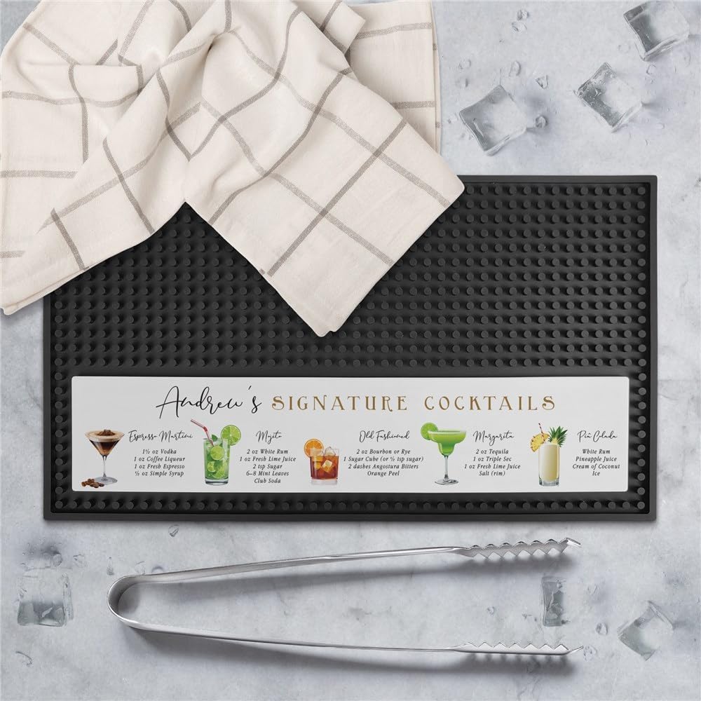 Signature Cocktails Rectangle Printed Bar Mat - Non-Slip & Absorbent for Home & Professional Use