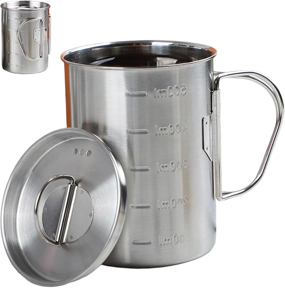 Camping Mug, 500ml/16.9oz Stainless Steel Camping Cup with Foldable Handle, Portable Backpacking Cup with Lid, Camping Coffee Mug for Outdoor Home Travel