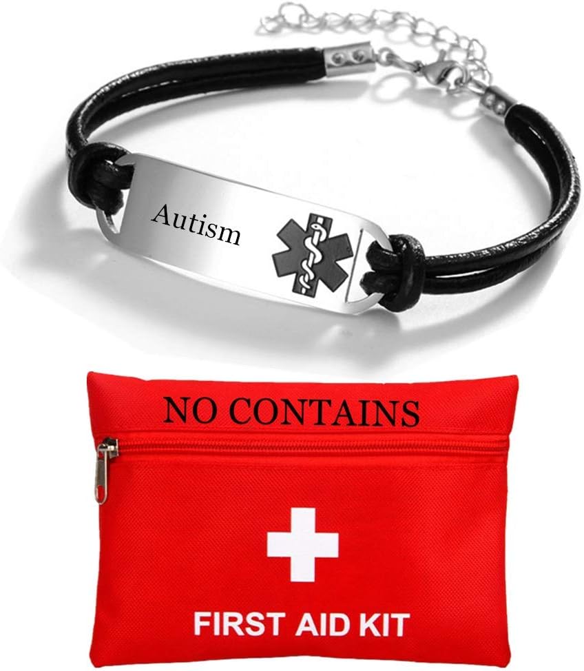 Women Men's Stainless Steel Leather Med ID Bracelet Custom Name ICE Engraved Medical Alert Disease Allergy Awareness Bracelet for Emergency Health Alarm Reminder to Save Life