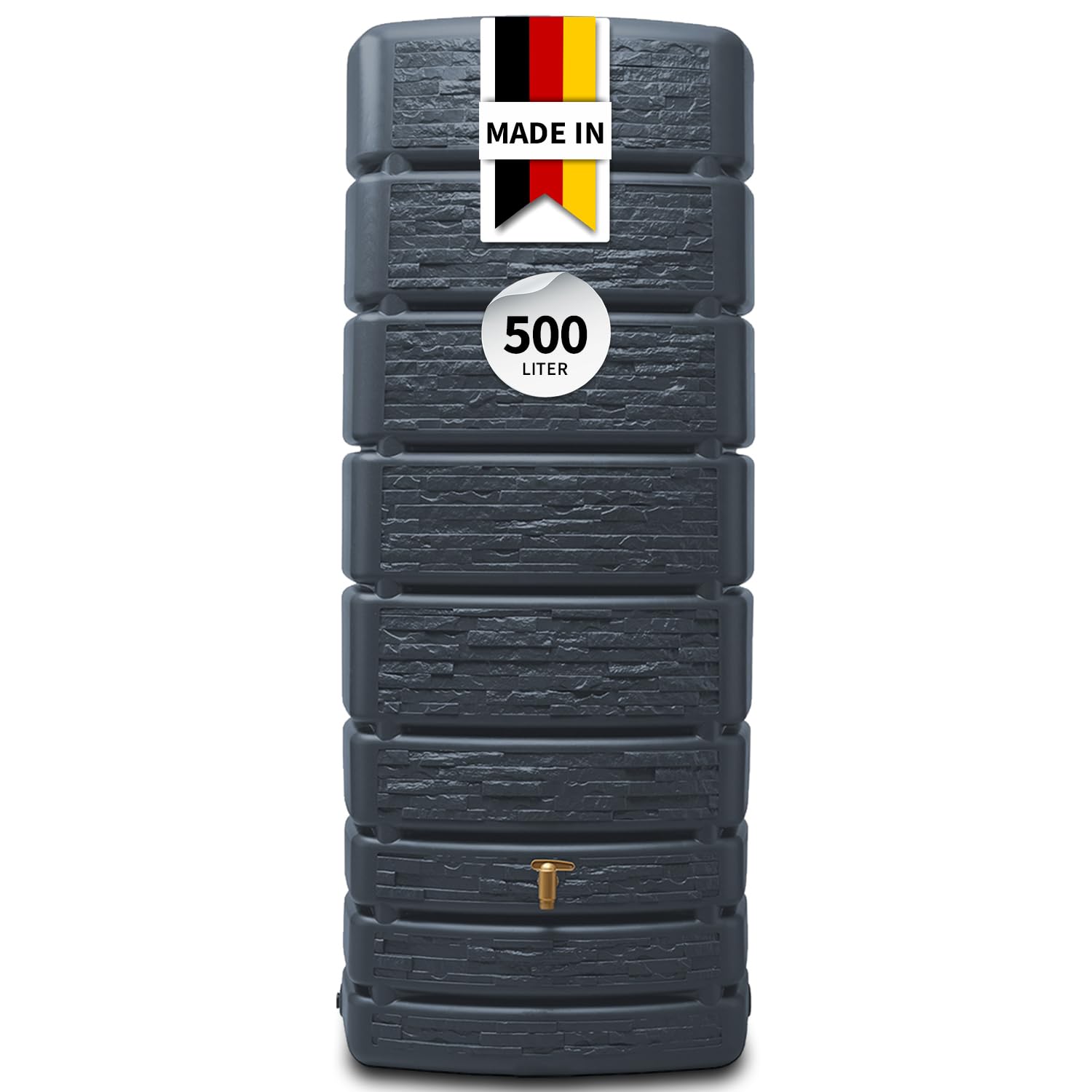 4rain Slim Stone Decor Regentonne Wandtank 500 Liter Graphite Grey - schmale Steinoptik für den Garten - Moderne Wasserentnahme mit Auslaufhahn - nachhaltige Aufstellung an der Hauswand mit Öffnung