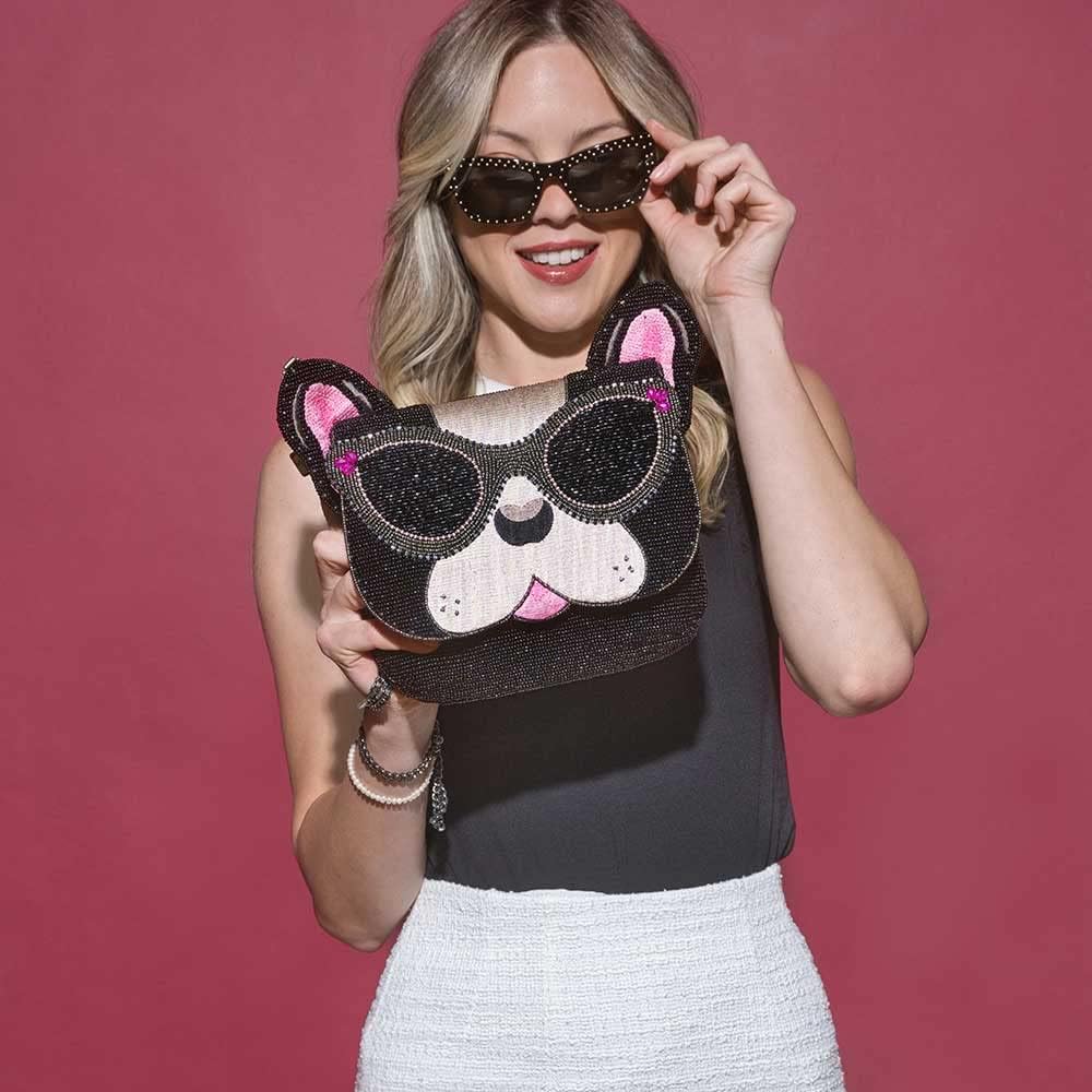 Mary Frances Throw Me A Bone Beaded Handbag – French Bulldog Crossbody Clutch with Sunglasses Motif, Black