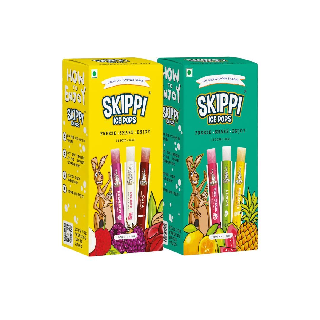 Skippi Ice Pops Combo Pack of 2 – Natural Ice Popsicles | Fruity Flavours (Raspberry, Lychee, Cola + Pink Guava, Lemon, Pineapple) | 24 Pops (2 x 12 x 32ml) | 100% Natural | No Artificial Colours, Flavours or Preservatives | Gluten-Free | Made in India-image-14