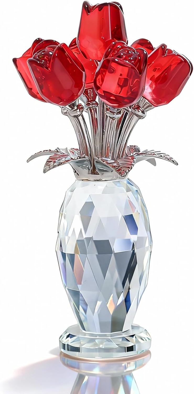 5.7" Red Crystal Rose Figurine with Faceted Glass Vase, Crystal Flower Bouquet Home Decor Accents, Everlasting Flowers for Mother's Day, Anniversary, Wedding