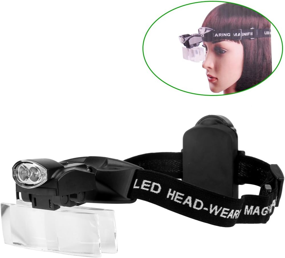 Rightwell Headset Magnifying Glasses with 2 LED Lights - 1X to 6X Zoom with 5 Detachable Lenses Hands Free Magnifier for Reading Eyelash Electronics Hobby Crafts Watch Circuit Repair