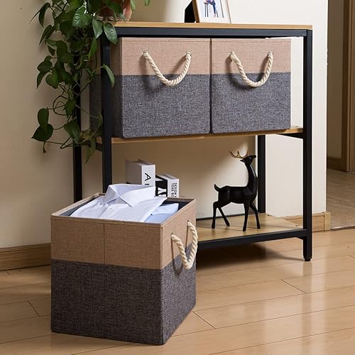 Miniatura 2 de PRANDOM Contenedores plegables grandes de almacenamiento de 13 x 13 pulgadas paquete de 4 cestas de almacenamiento de tela de lino, cubos con asas