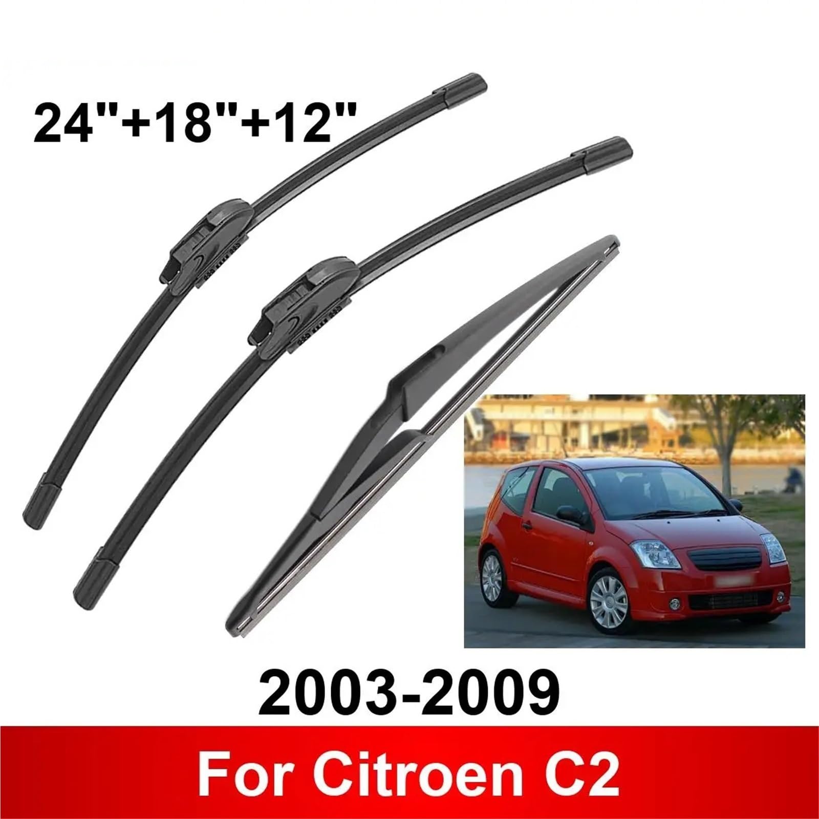 3 sztuki wycieraczek samochodowych do Citroena C2 2003-2009, przednie i tylne pióra wycieraczek, szczotki, 2003 2004 2005 2006 2007 2008 2009 dysza spryskiwacza zawór spryskiwacza(3 PCS)