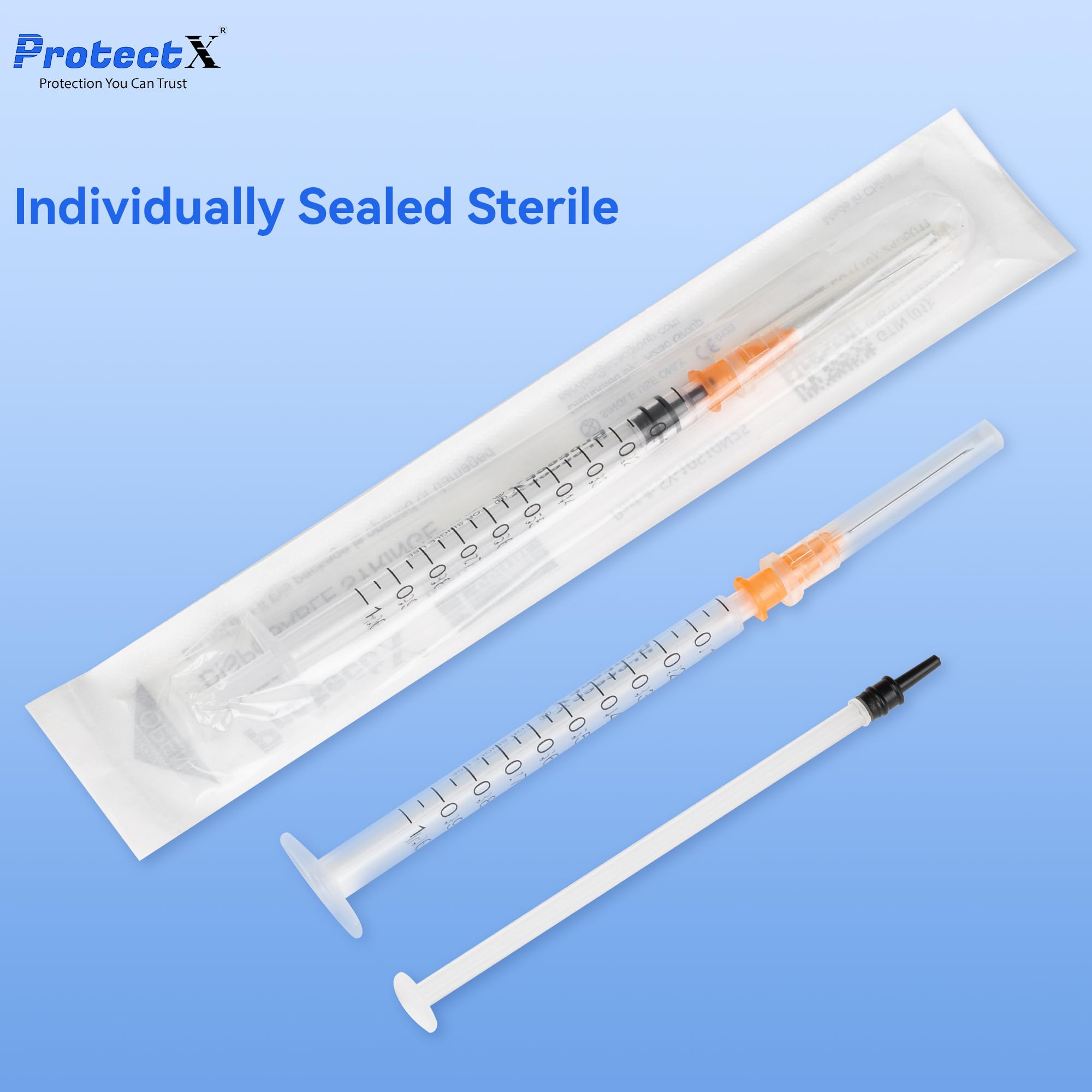 ProtectX 50 sztuk strzykawek 1 ml/cc z igłą 25G, jednorazowa strzykawka Luer Slip do laboratoriów naukowych, przemysłowe dozowanie artykułów dla zwierząt i zwierząt domowych, pakowane pojedynczo
