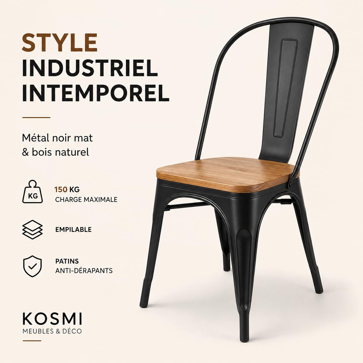 Kosmi - Lot de 4 chaises Style Industriel en métal Noir Mat et Assise en Bois Clair