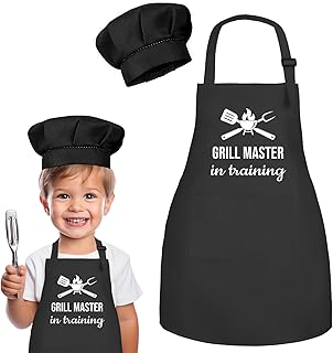 OUUKHGY Kids Apron and Chef Hat Set, Grill Maestro in Training Funny Child Apron with 2 Pockets for Boys Girls (Black)