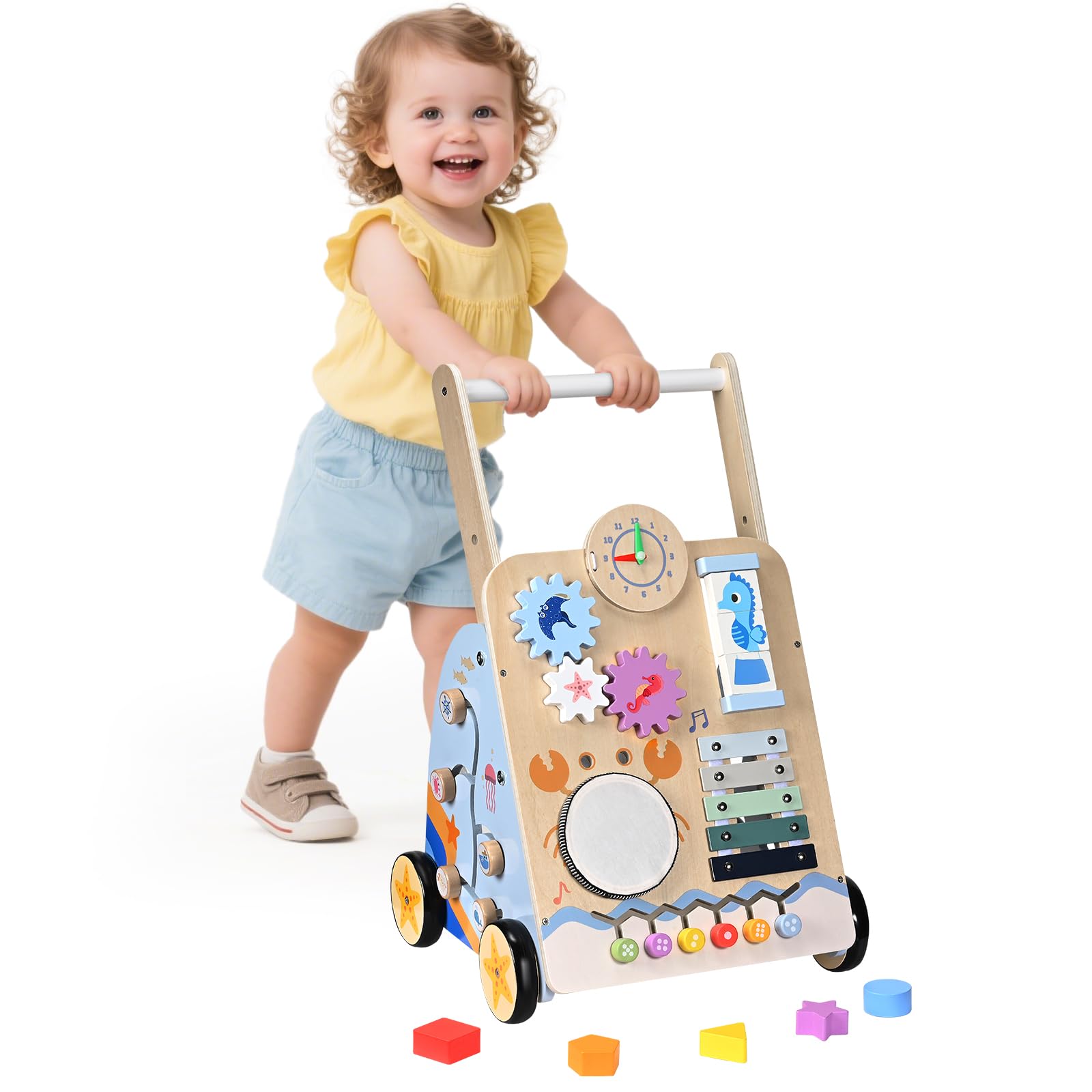 Andador Bebes, Multifunción Andador de Madera 8 en 1, Adecuado para niños pequeños de 3 a 12 meses en adelante, con Ruedas y Bloques de Construcción para Educación Temprana, Regalo Adecuado