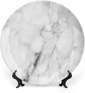 6 Inch Decorative Plate, Marble Round Porcelain, Marble Surface Pattern Cracked Lines and Hazy Stripes Print Ornament Display Plate for Dining Table Setting, Wedding Reception, Christmas Tablescape