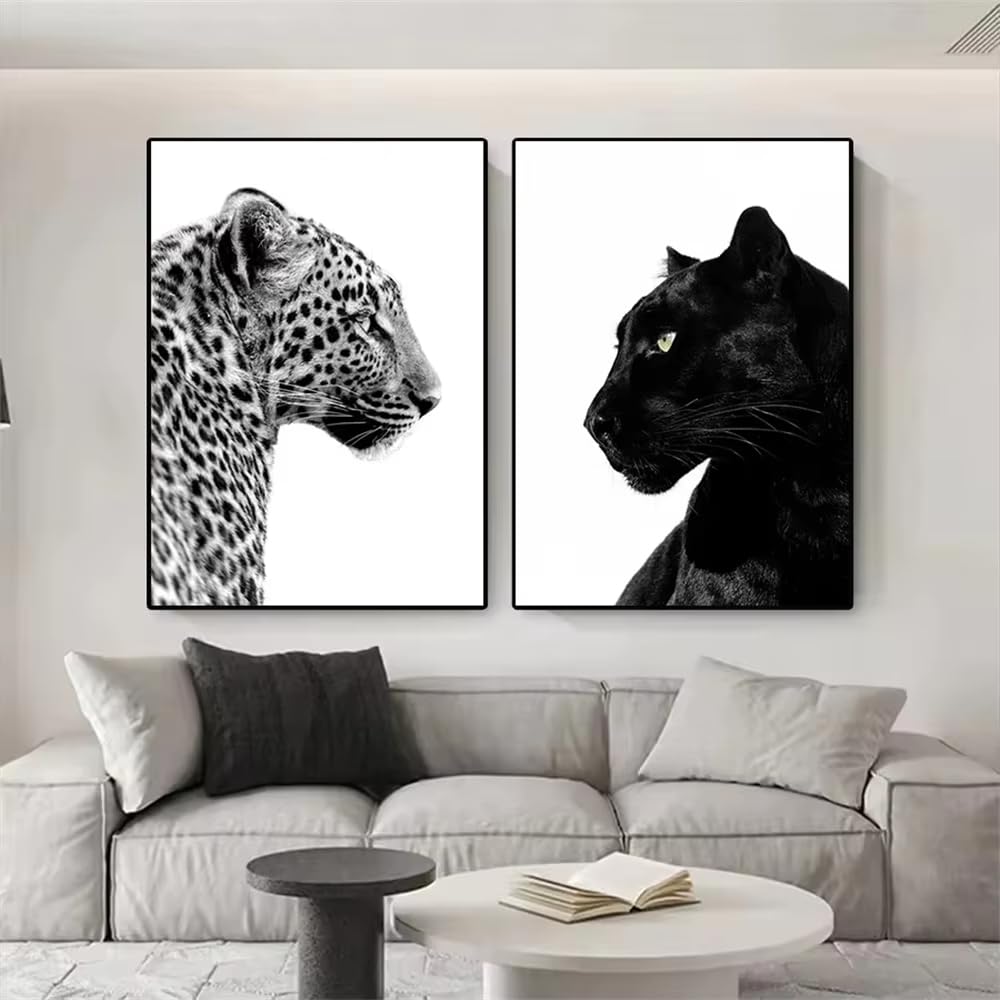 IHHGNB Láminas decorativas de leopardo y pantera en blanco y negro, lienzos, pósteres de animales, cuadros para la pared del salón, decoración del hogar (80x110cm (31x43in) x2/Sin marco)