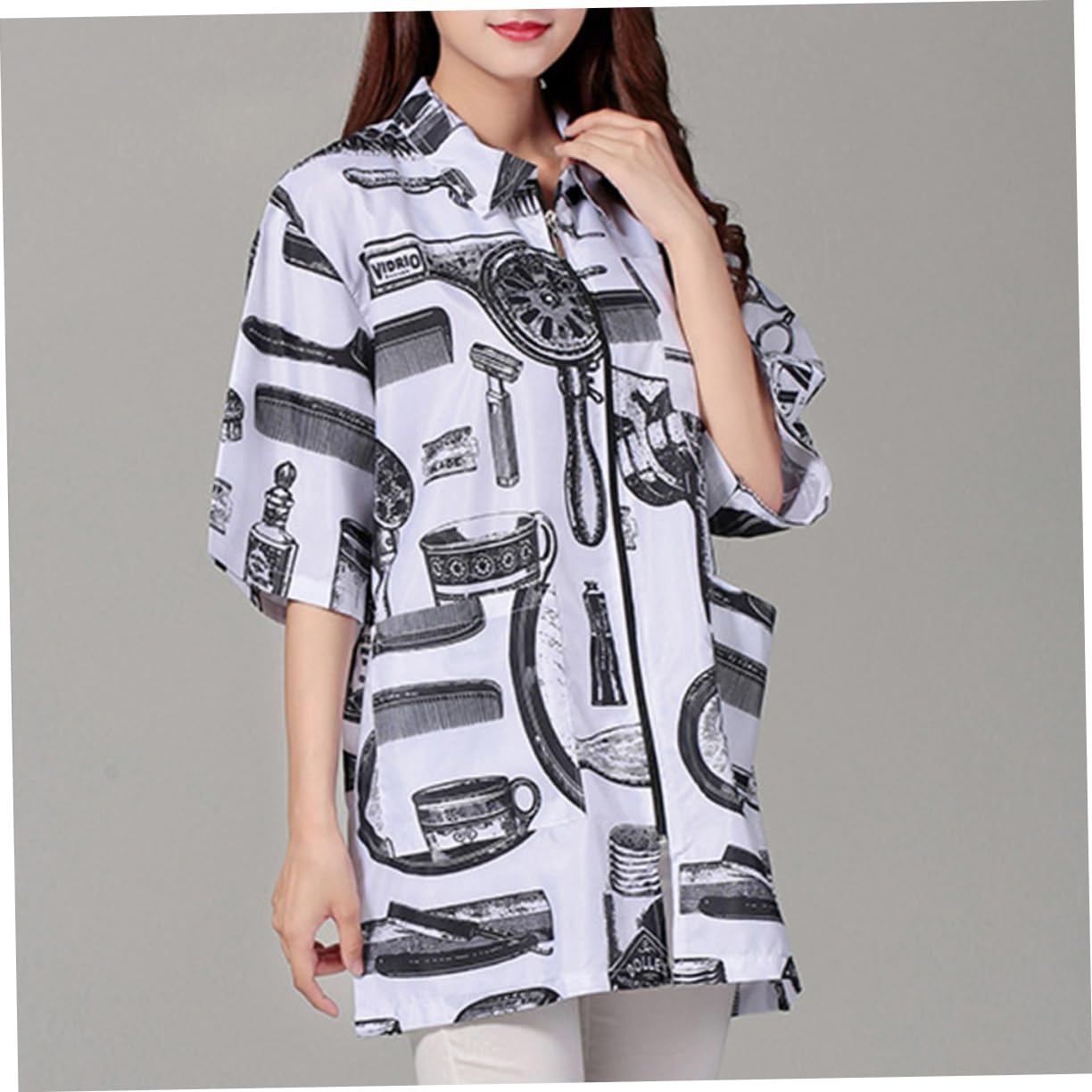 FOMIYES Tenues De Travail Pour Coiffeur Blouse à Manches Courtes Uniforme De Coiffeuse Vêtement De Travail Pour Salon Blanc