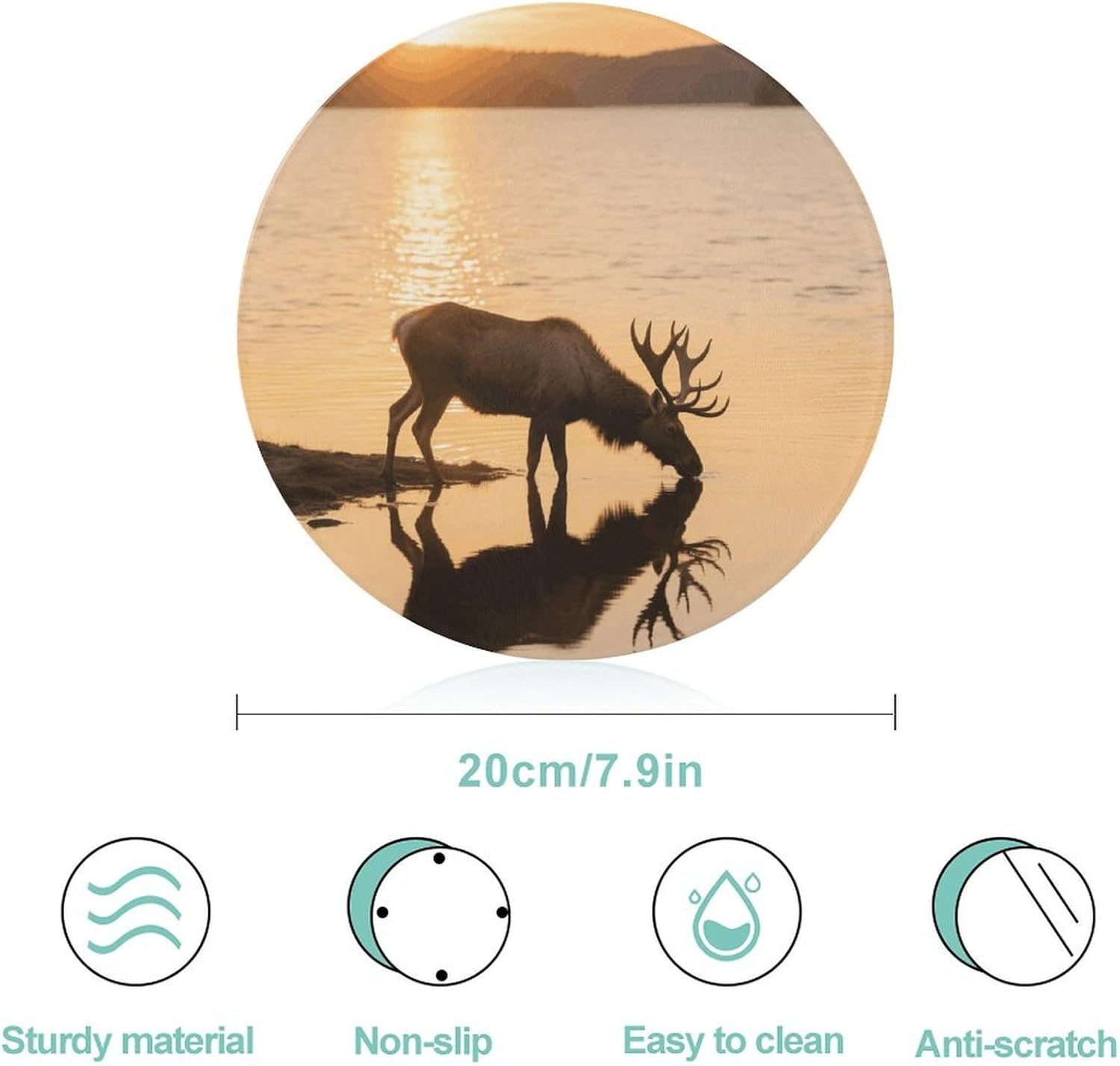 Landscape Moose in The River Tempered Glass Cutting Board Sturdy Chopping Block Personalized Large Butcher Block Lightweight Round Chopping Mat for Kitchen Non Slip