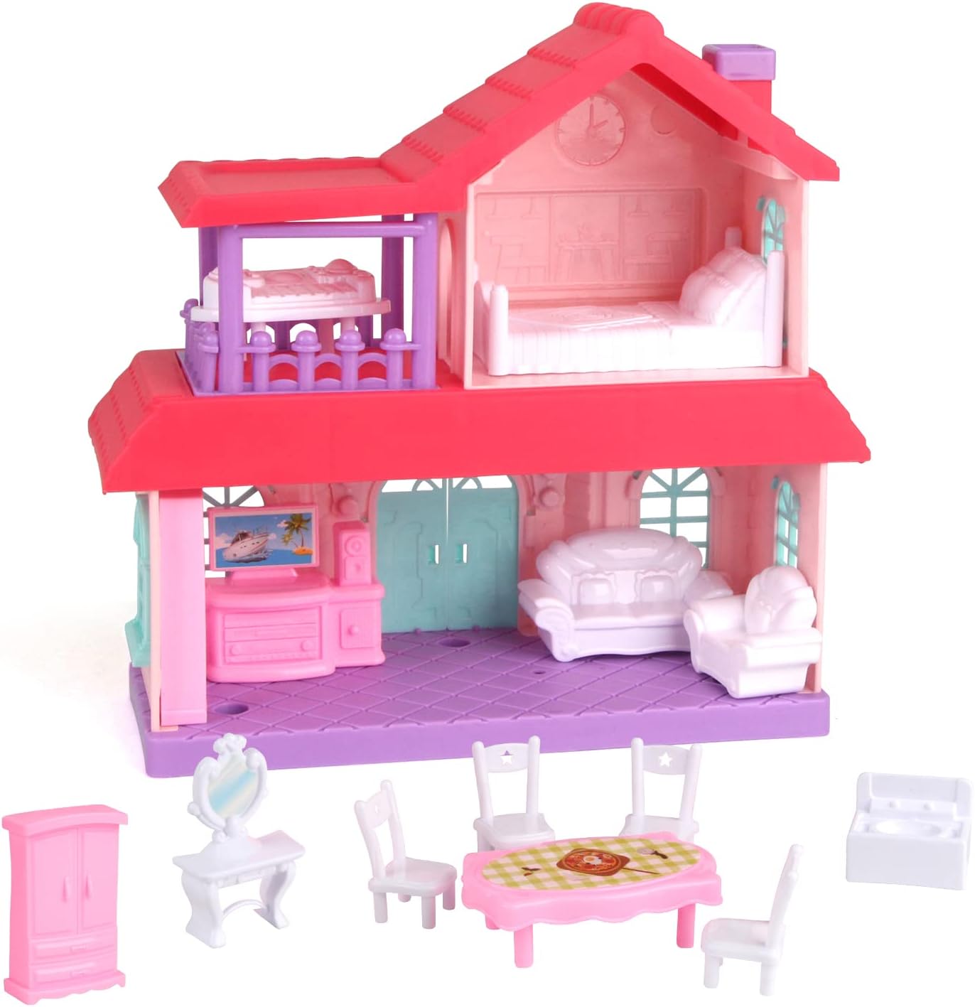 Joyfia 2-Story Doll House, Play House Toddler Playset with Doorbell & Light, 16 Piece Role Pretend Play Dreamhouse Toys, Gifts for 3-8 Years Old Girls Boys, Furniture and Accessories Included