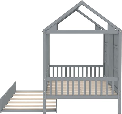 Miniatura 185 de Cama de casa de tamaño individual con 2 cajones, marco de cama de madera y barandilla de seguridad. Ahorra espacio, ideal para el dormitorio de un