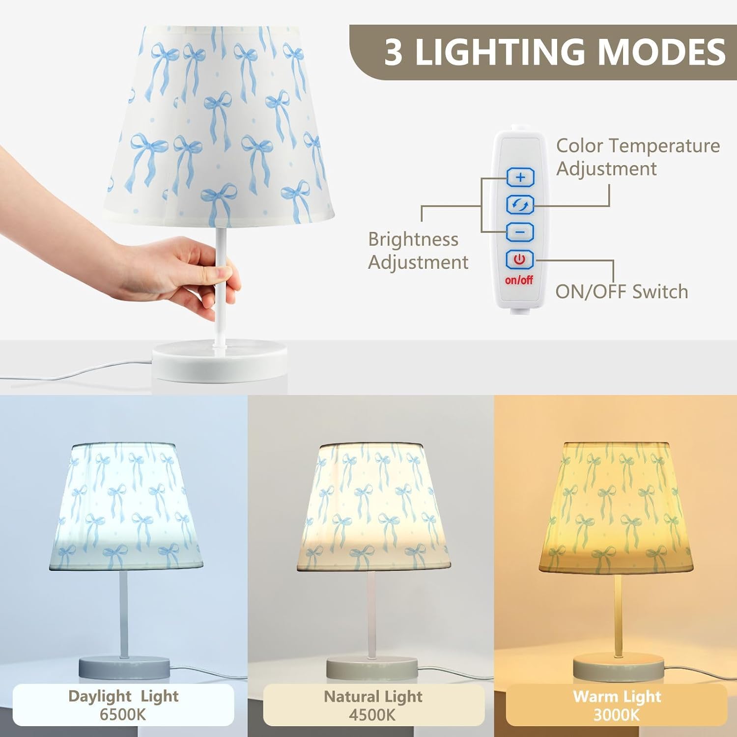Blue Ribbon Bow Watercolor Table Lamp Nightstand Lamp with Linen Fabric Lamp Shade Night Light Bedside Desk Lamp for Sleeping Bedroom Living Room Dorm Home Office