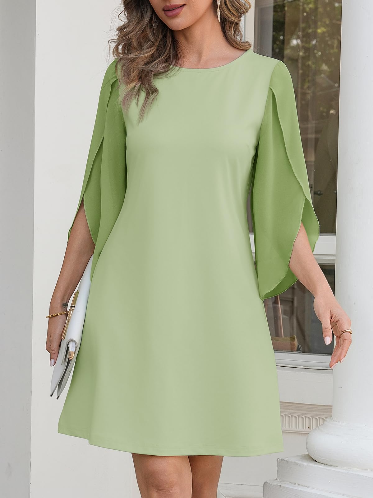 Cicy Bell Vestido de cóctel para mujer, cuello redondo, elegante, de malla, manga 3/4, monocolor, informal, vestido de verano