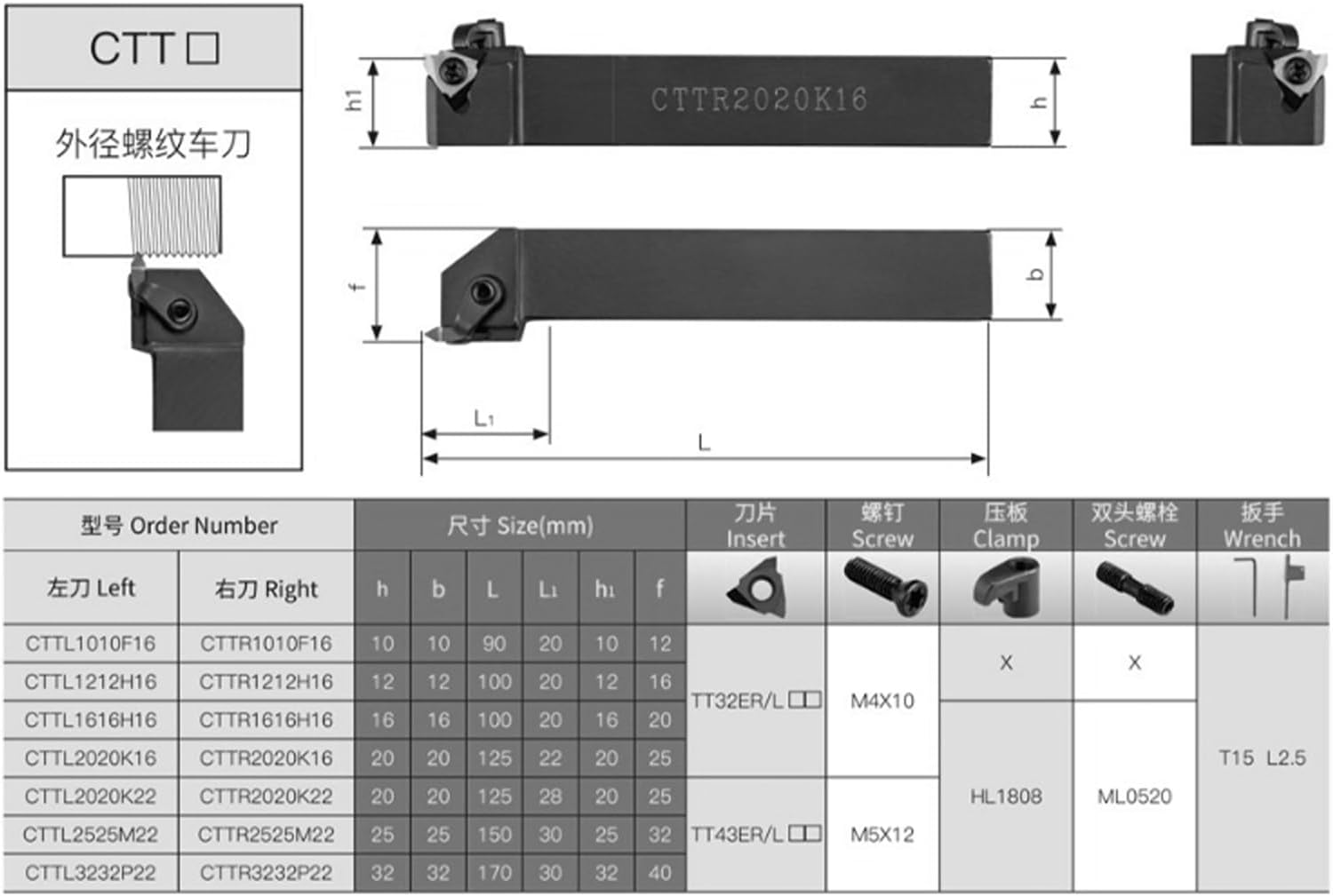 Square Shank Indexable Threading Holders C-Type Clamping Carbide Lathe Cutting Tool for TT32ER TT43ER Inserts(2525M16)