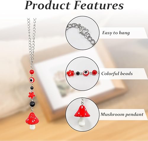Miniatura 3 de Adorno colgante de hongo para automóvil, accesorios de espejo retrovisor de ojo malvado de la suerte, lindo colgante de espejo retrovisor de hongo,