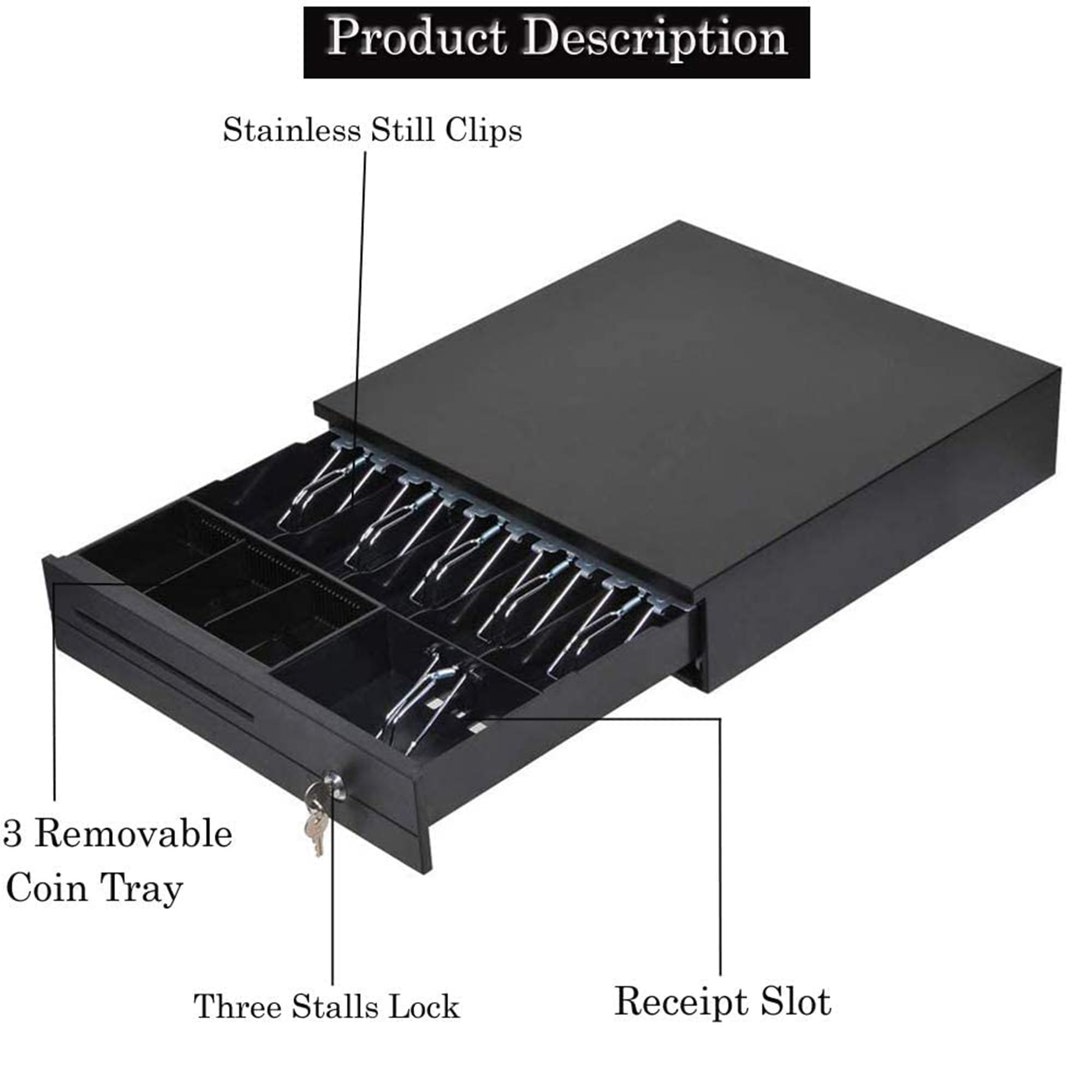 RONTENO Metal Cash Box with Removable Coin Tray & Key Lock | Money Storage Cash Drawer for Shop (1 Pc, Black) 4
