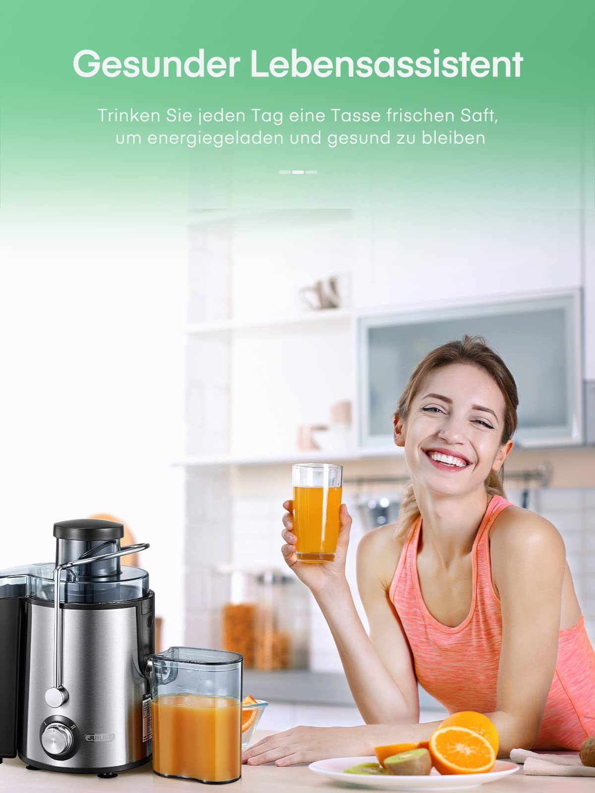 Juilist Entsafter Gemüse und Obst 800W Max, 304 Edelstahl Zentrifugal Entsafter mit 65mm Einfüllschacht, 2 Geschwindigkeiten, Einfach zu Reinigen & Antitropf, inkl. Bürste & Rezeptbuch