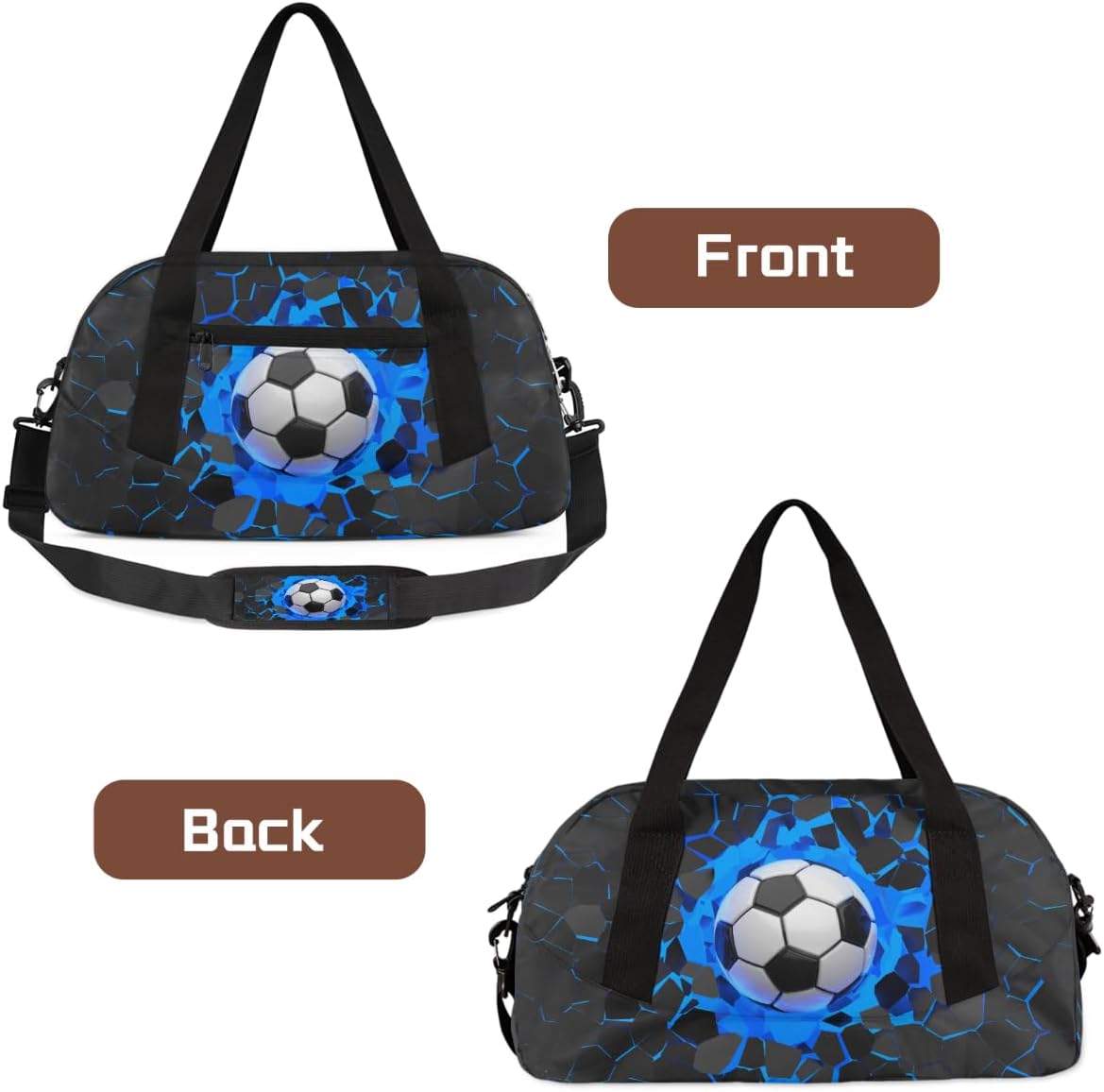 Gym Travel Duffle Bag for Boys - Blue 3D Soccer Ball Kids Overnighter Weekend Bag with Front Zipper Pocket for School Practice, Teens Carry-On Size Sleepover Bags - Image 4