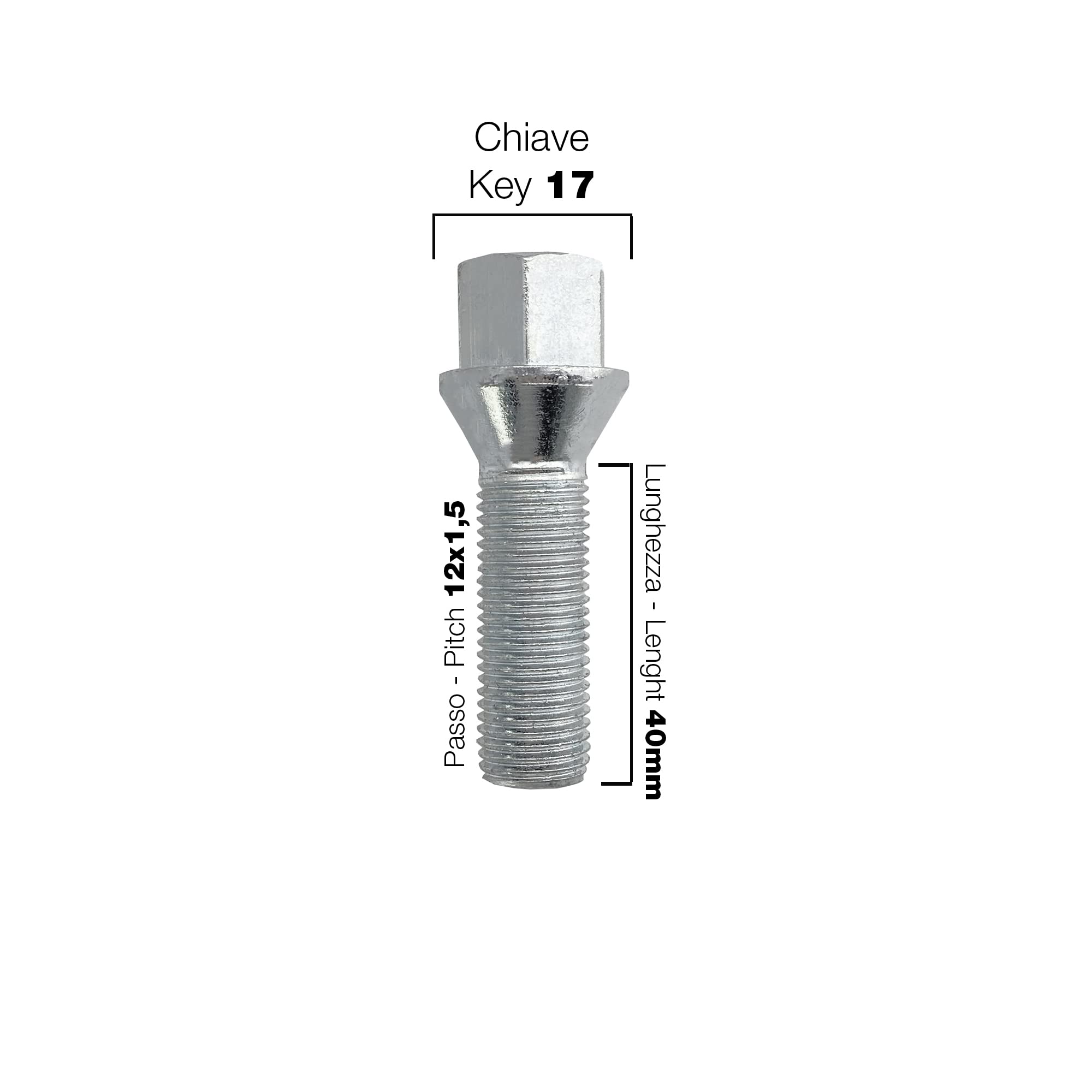Kit 10 bulloni ruote chiave 17 M14x1.5 lunghezza 40 mm testa conica