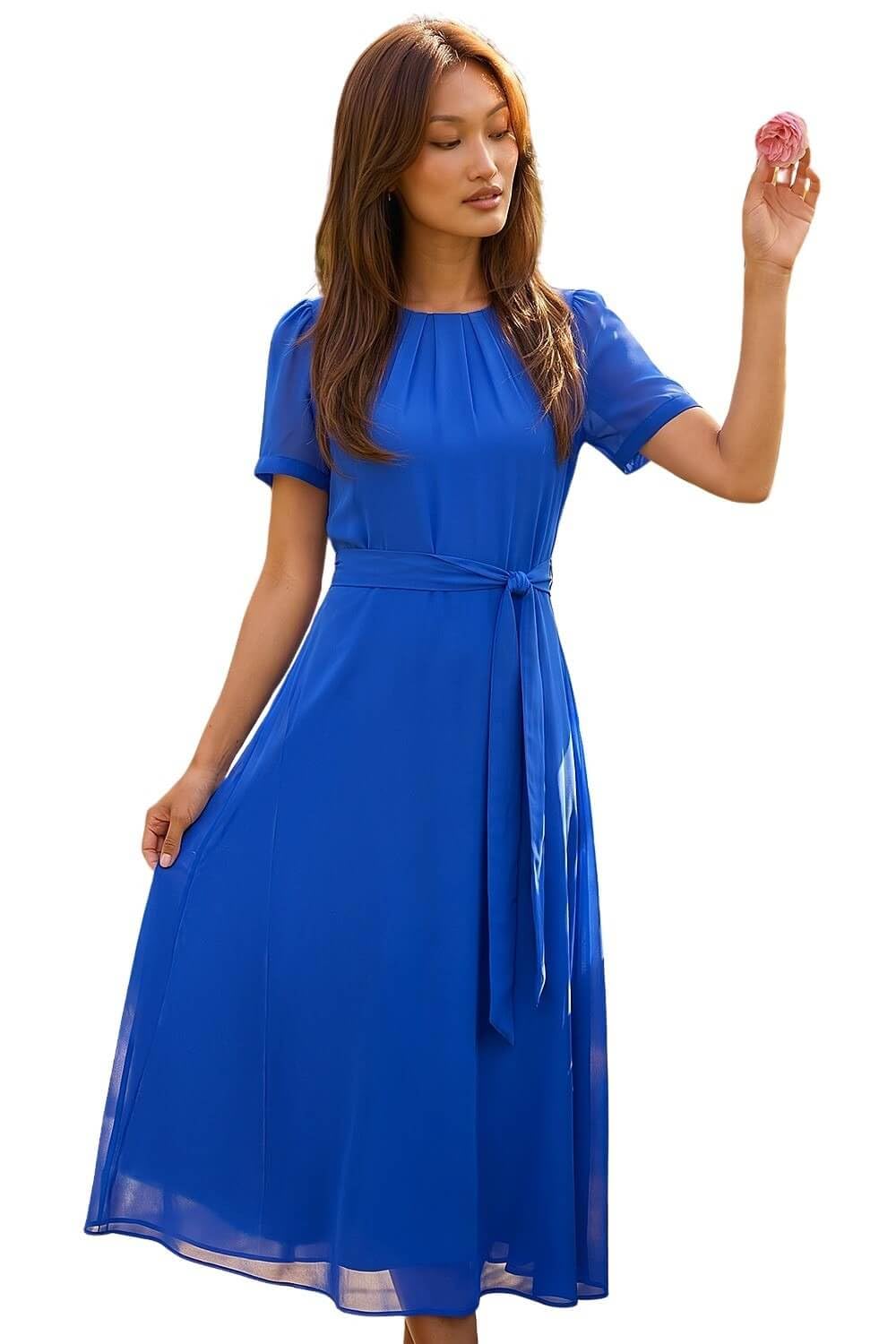 Roman Women's Blue Pleat Chiffon Belted Midi Dress In Size 18