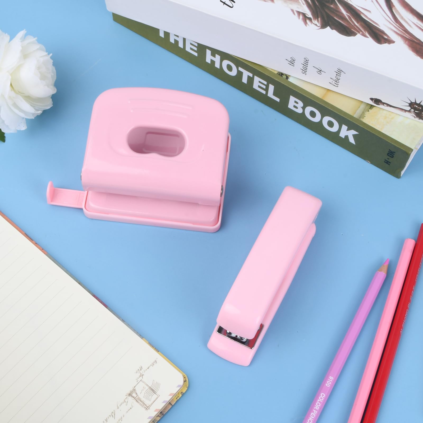Cozlly Pink Hole Punch and Mini Stapler Set: Ergonomic Table Stapler for Office Study, Home - Image 4