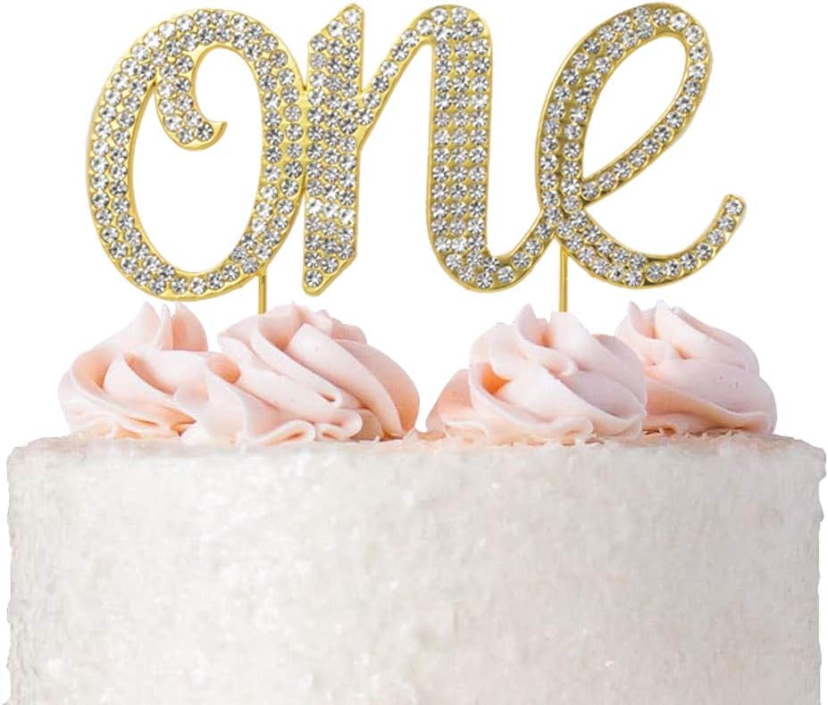One Cake Topper. Premium Metal, Gold Rhinestone Gem Birthday Smash Cake Topper. 1st Bday Supply, Keepsake and Decoration. Sparkly, Crystal and Diamond Style Bling Is a Great Centerpiece