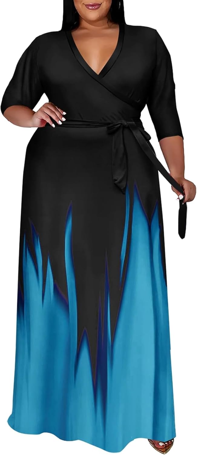 Runwind Plus Size Dresses for Women Gradient Maxi Dress Flowy 3/4 Sleeve with Belt
