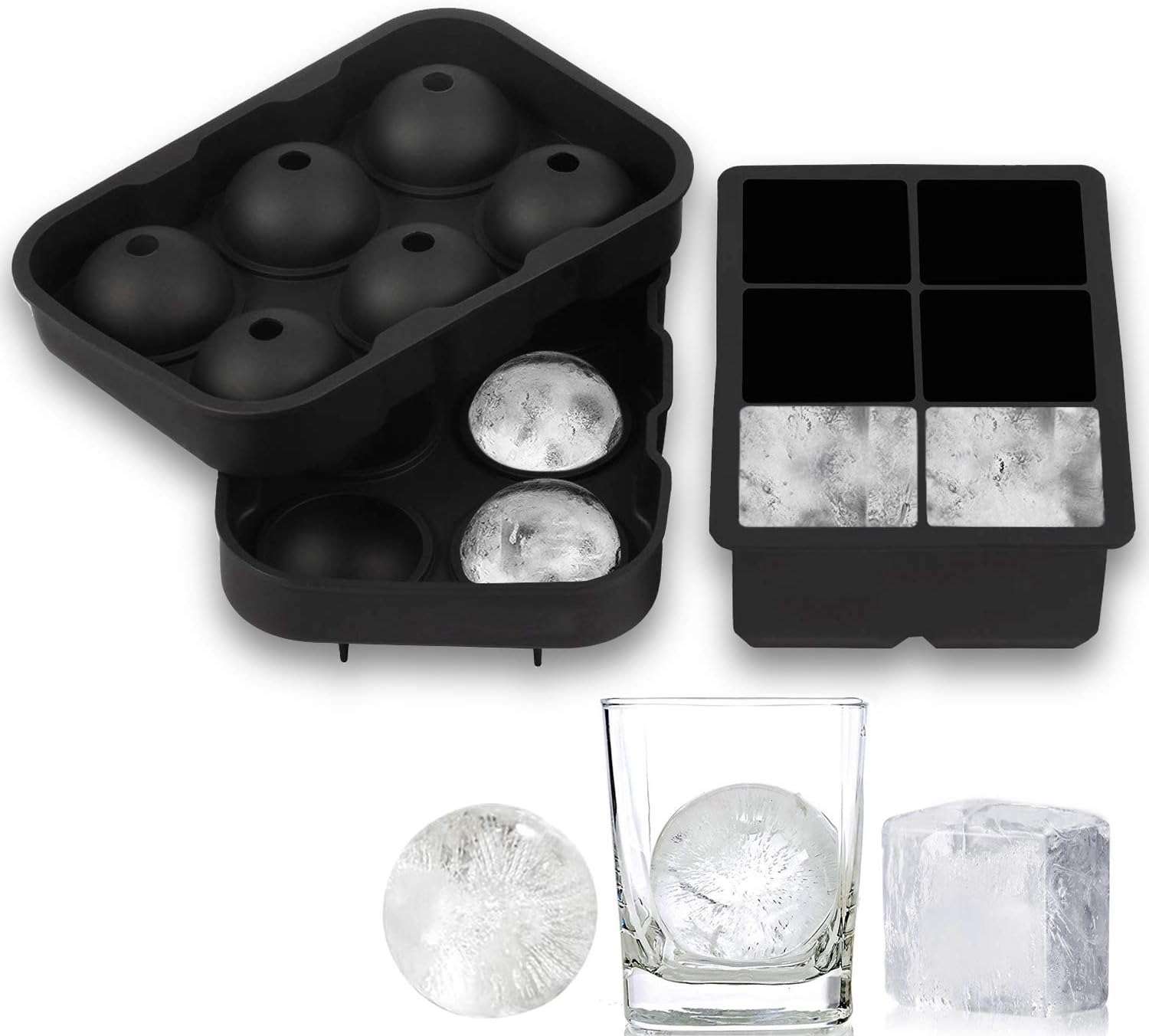 Helpcook Ice Cube trays(set of 2), Silicone Sphere Ice Ball Maker with Lid and Large Square Ice Cube Molds for Whiskey Ice and Cocktails, Food Grade Silicone, Reusable and BPA-Free