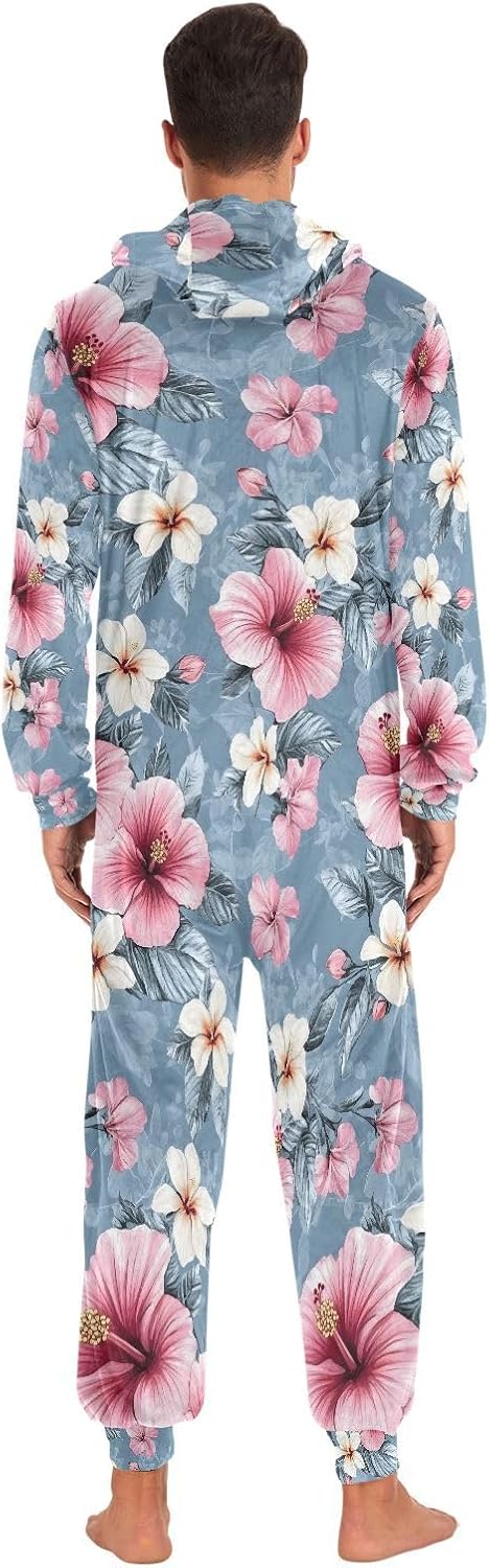 Pink Hibiscus Flower Adult Onesie Pajamas Novelty One Piece Costume Sleepwear Jumpsuits Matching PJS